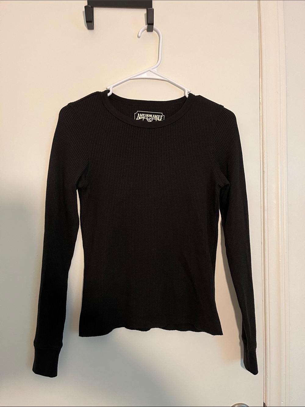 American Eagle Outfitters Black Waffle Knit Crewneck Long-Sleeve Top